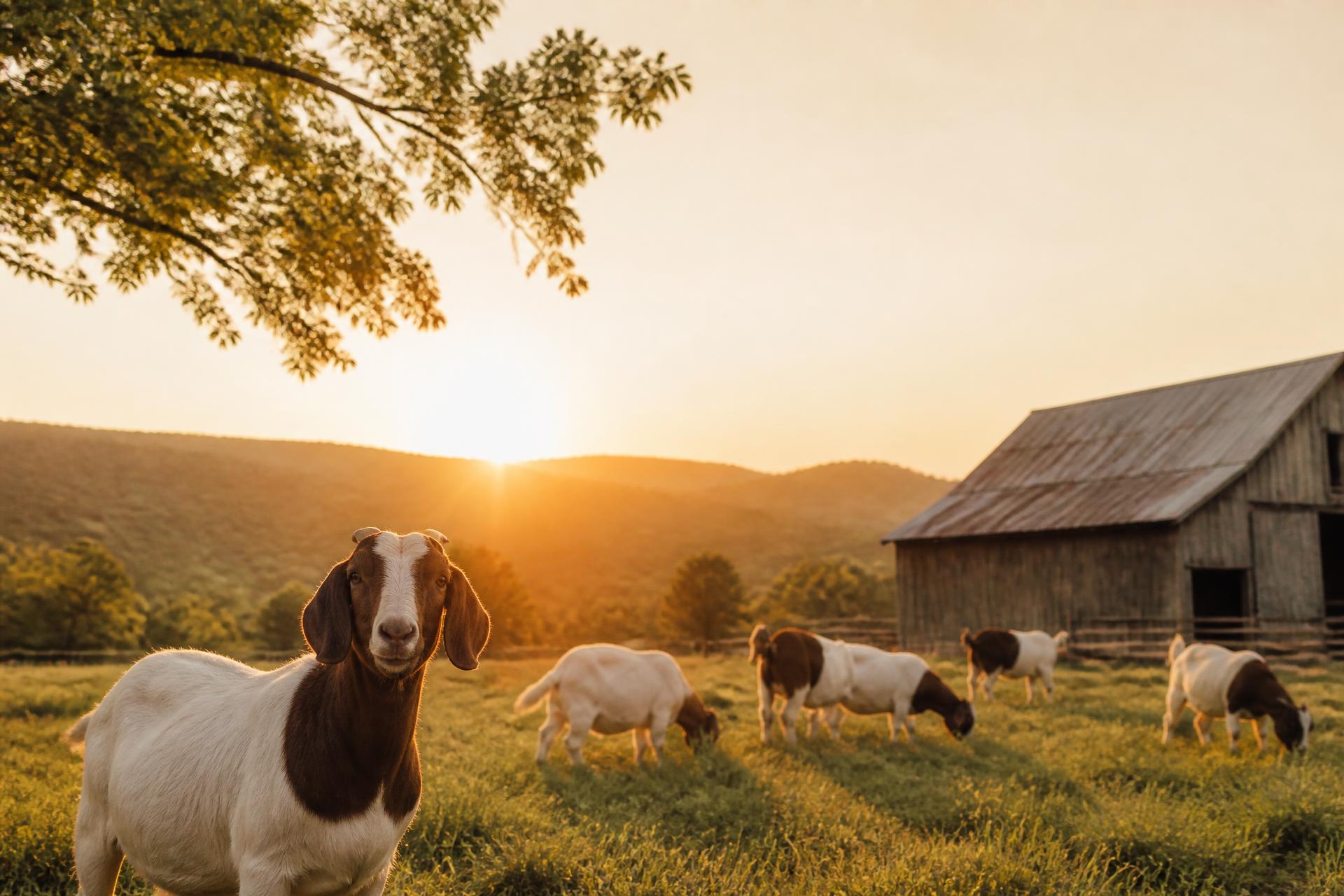 Golden hour photograph of goats grazing on Mazuri Farms pastureland in Virginia with a wooden barn in the background